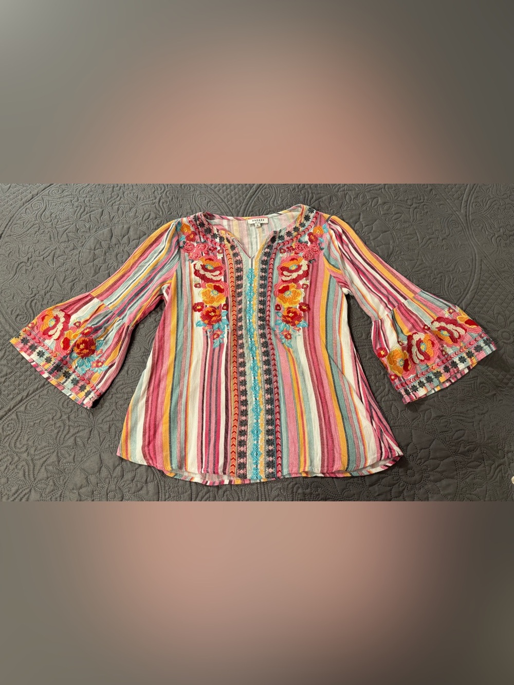 ANDREE BY UNIT Multicolor Striped Embroidered Tunic - Pink, Yellow, Blue